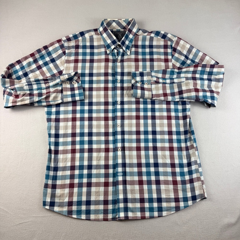 Maker & Company Mens Large Plaid Button Down Shirt Blue Burgundy Cotton Tailored
